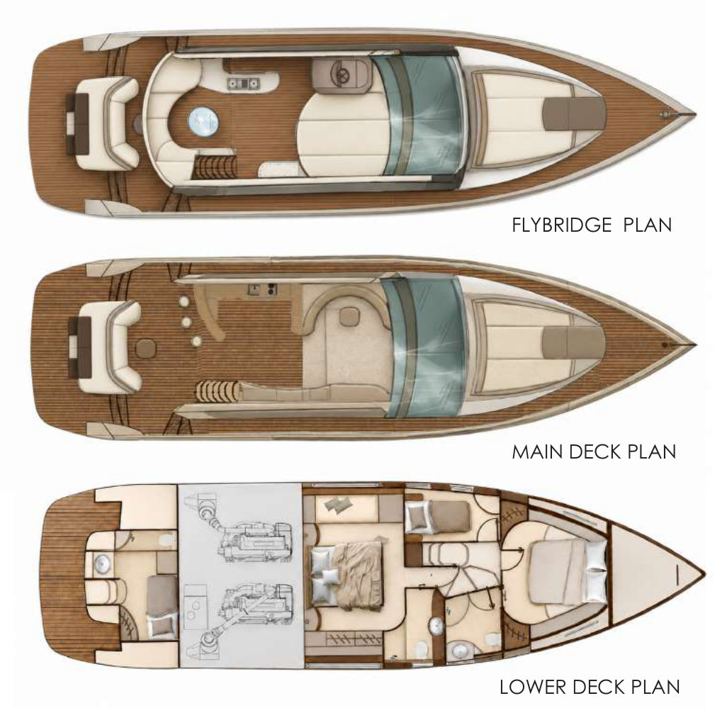 Flybridge, main deck & lower deck plans