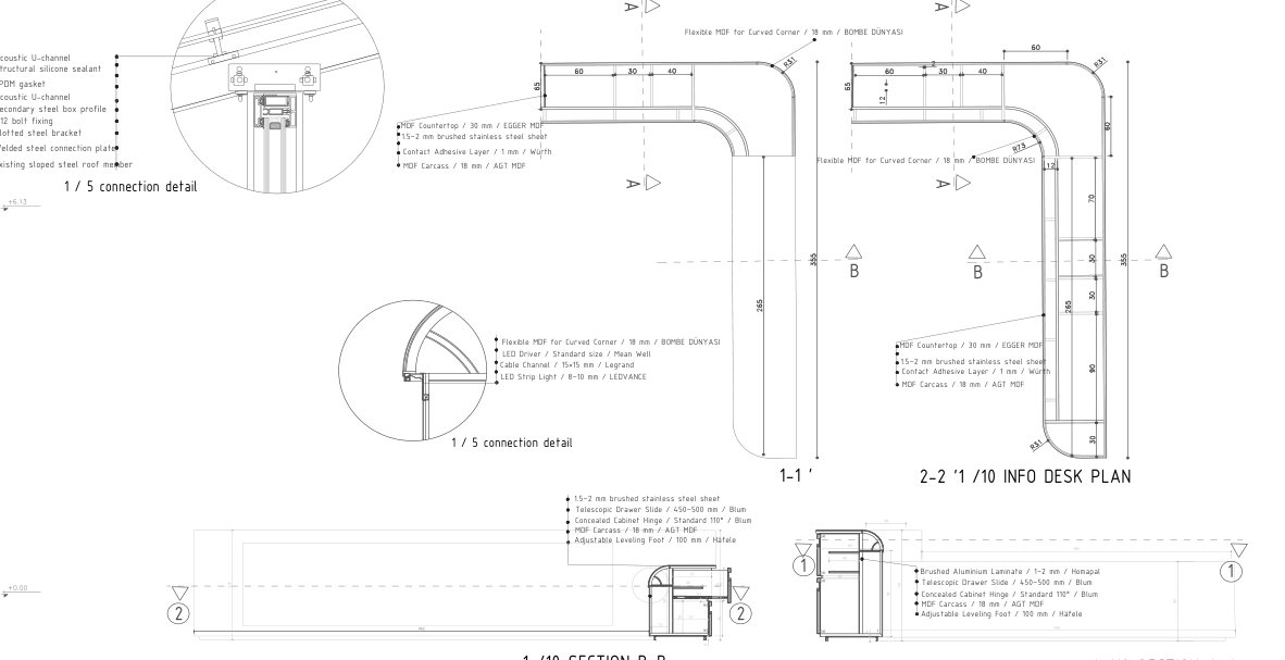 Info desk plan, sections & connection details