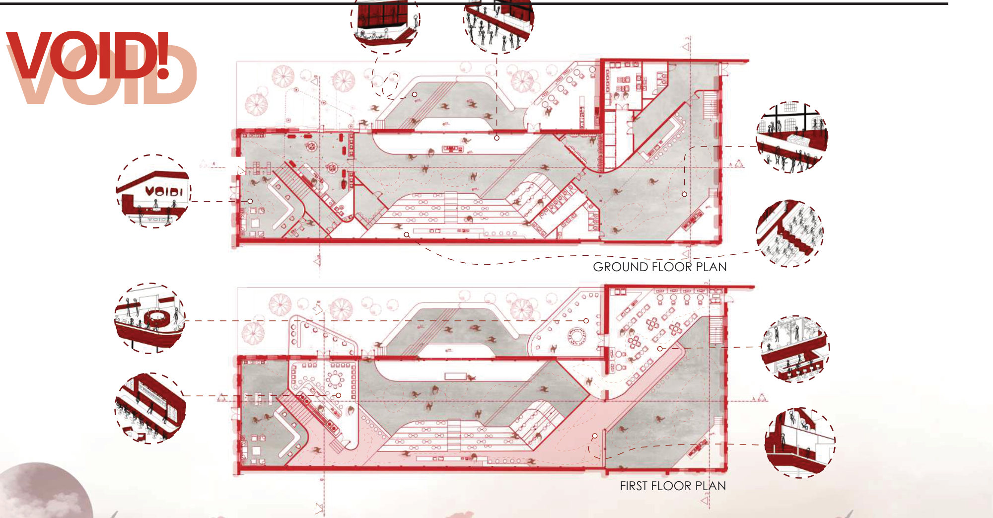 Ground & first floor plans with detail callouts